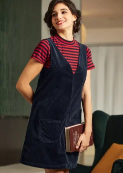 Retro Radiance V-Neck Corduroy Dress Midnight Sky Clearance