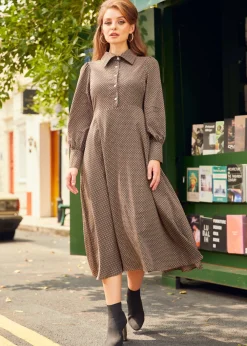 Romantic Era Button Front Midi Dress Walnut Clearance