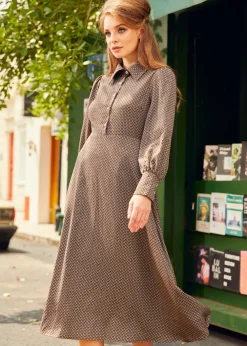 Romantic Era Button Front Midi Dress Walnut Clearance