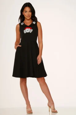 Rose Skulls Embroider Swing Dress New