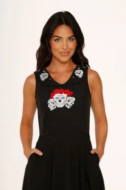 Rose Skulls Embroider Swing Dress New