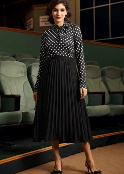 BTC Rydell High Revisited Long Sleeve Tie-Neck Top Dotty Twilight Clearance