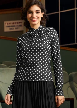 BTC Rydell High Revisited Long Sleeve Tie-Neck Top Dotty Twilight Clearance