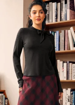 BTC Rydell High Revisited Long Sleeve Tie-Neck Top Bewitching Black Sale