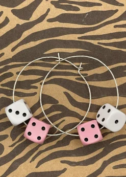 Sterling Silver Dice Hoop Earrings Pink Clearance