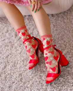 Strawberry Daisy Ruffle Sheer Crew Sock