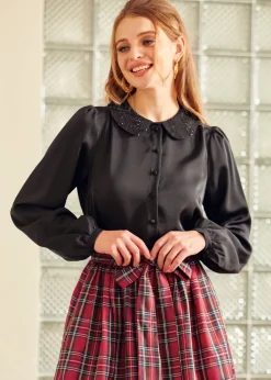 BTC Sweet Nothings Puff Shoulder Button Down Blouse Back to Black