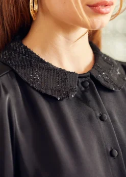 BTC Sweet Nothings Puff Shoulder Button Down Blouse Back to Black