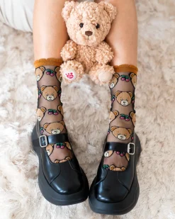 Teddy Bear Ruffle Black Sheer Crew Sock New
