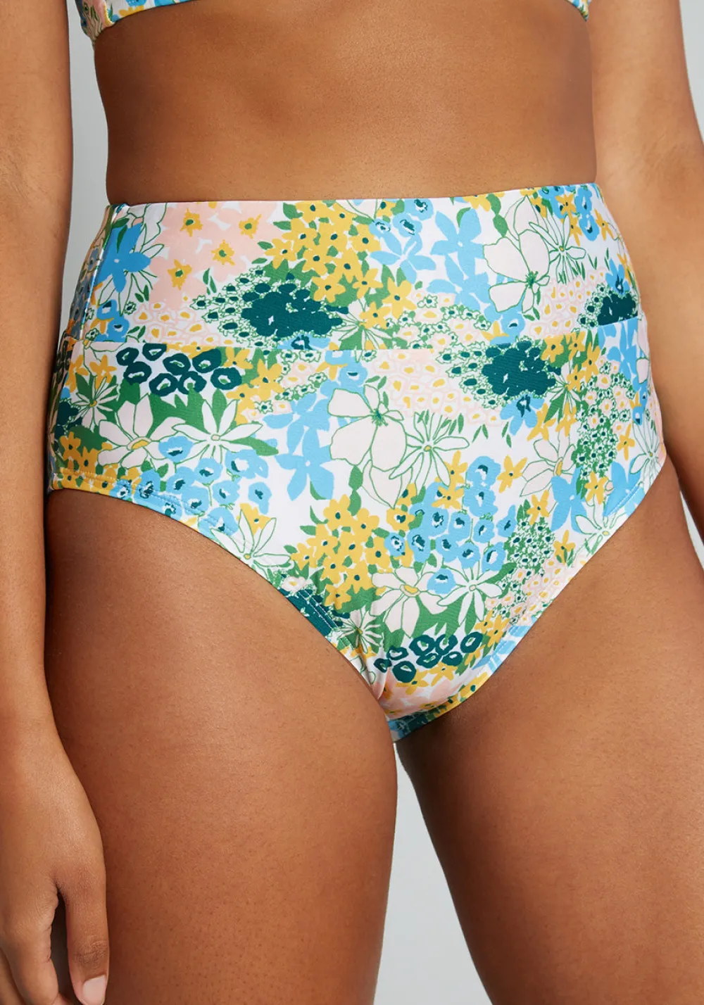ModCloth The Sara High-Waisted Bikini Bottom Blue/Yellow Floral Online