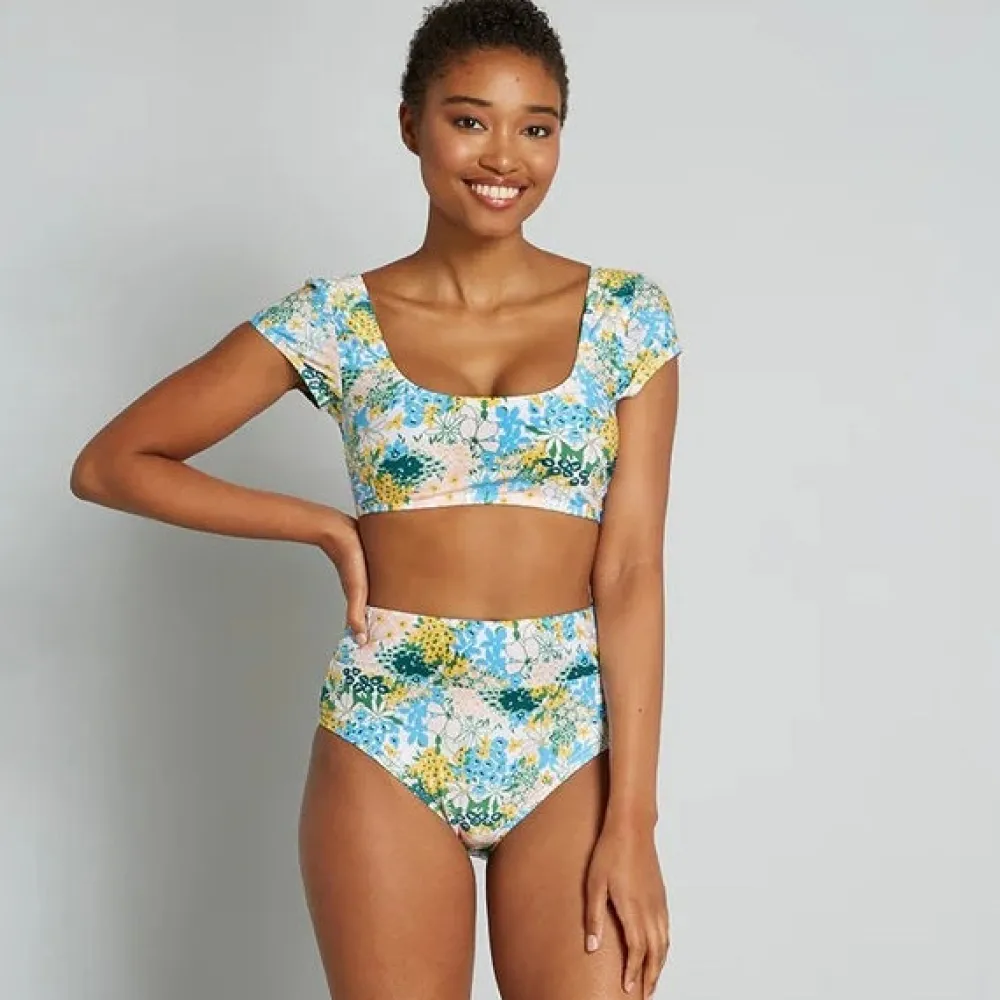 ModCloth The Sara High-Waisted Bikini Bottom Blue/Yellow Floral Online