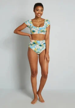 ModCloth The Sara High-Waisted Bikini Bottom Blue/Yellow Floral Online