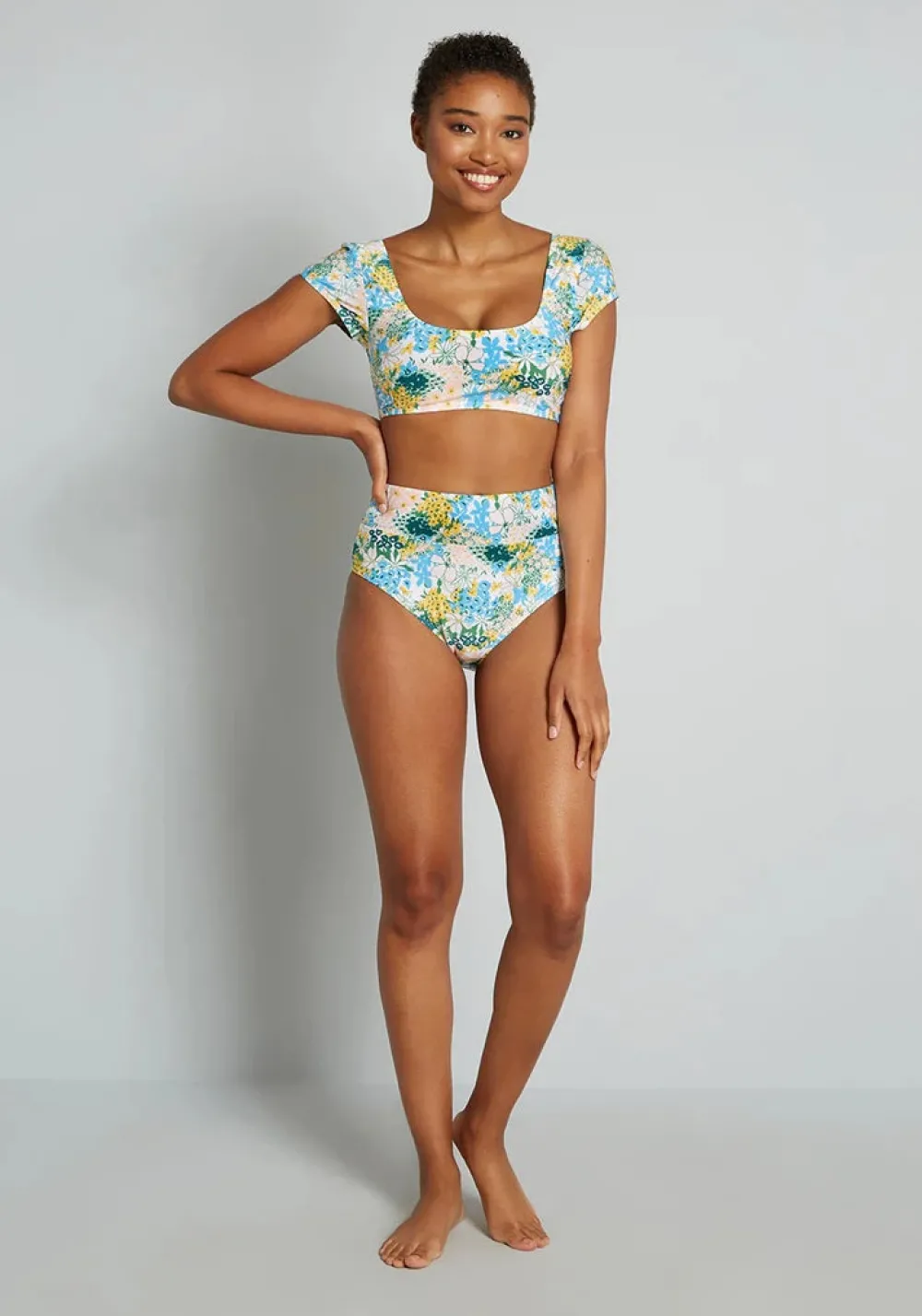 ModCloth The Sara High-Waisted Bikini Bottom Blue/Yellow Floral Online