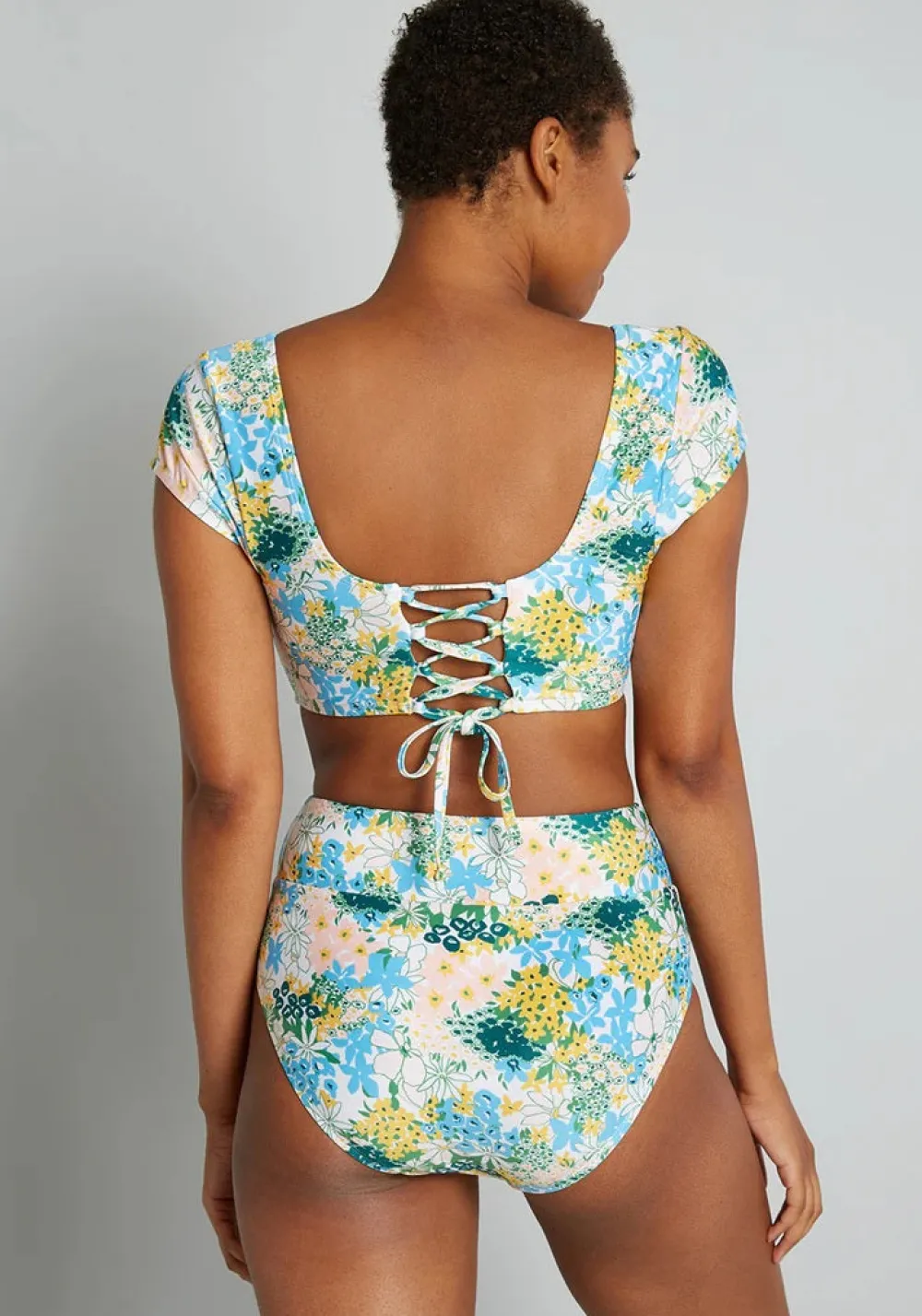 ModCloth The Sara High-Waisted Bikini Bottom Blue/Yellow Floral Online