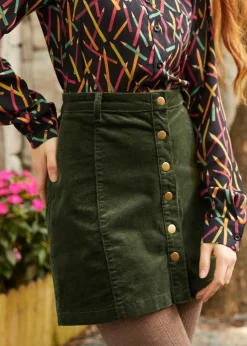 EZ Apparel Vogue on Vinyl Button Front Corduroy Skirt Olive Clearance