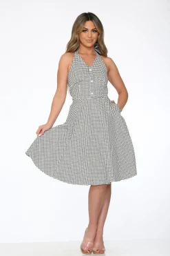 White & Black Checkmate Halter Swing Dress Discount