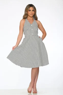 White & Black Checkmate Halter Swing Dress Discount