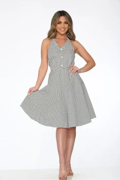 White & Black Checkmate Halter Swing Dress Discount