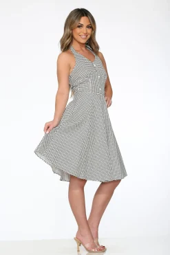 White & Black Checkmate Halter Swing Dress Discount
