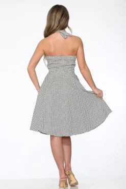White & Black Checkmate Halter Swing Dress Discount