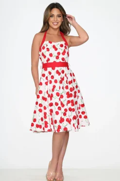 White Red Cherry Halter Swing Dress Online
