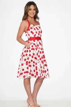White Red Cherry Halter Swing Dress Online