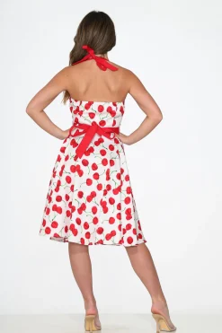 White Red Cherry Halter Swing Dress Online
